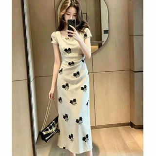 跨境多法式方领短袖连衣裙女夏季新款复古大方得体修身收腰显瘦长