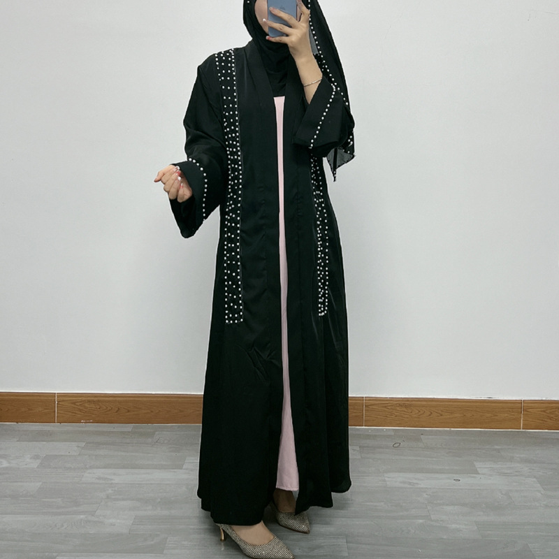 F326 Cross-Border Foreign Trade Middle Eastern Women's Long Dress, Dubai Pearl Embellished Elegant Cardigan Robe,_ecoleips.com