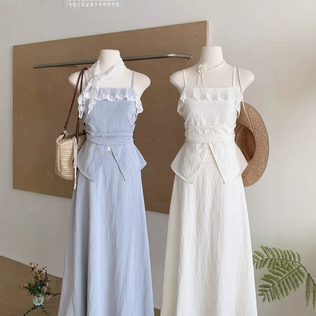 Корейский стиль, свежий дизайн, кружевной топ на бретельках, женская простая универсальная утягивающая юбка, модный комплект