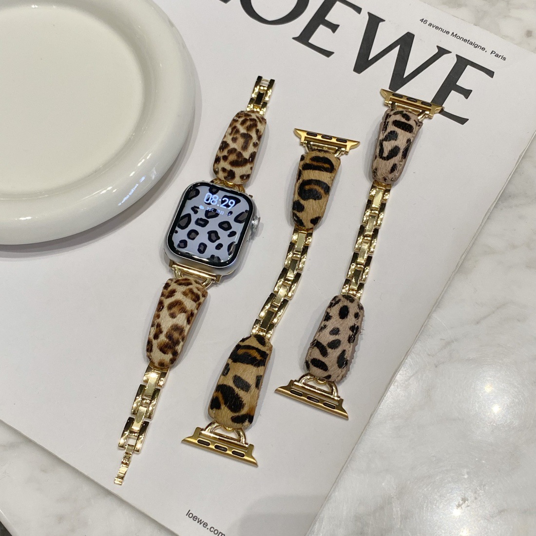 Suitable for Apple Watch 56789 Metal D-Shaped Curved Leopard Print Leather Strap iWatch S10 Ultra Wristband