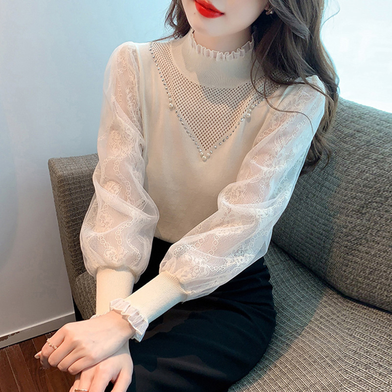 Half-turtleneck knitted bottoming shirt sweater women's spring and autumn 2024 spring new foreign-style inner shirt lace top