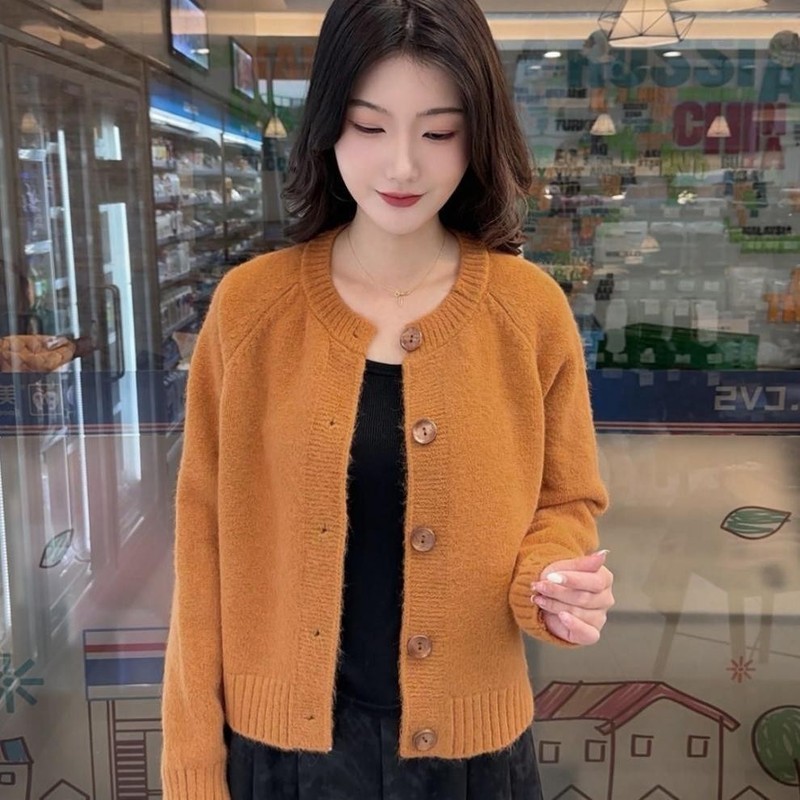韩版设计感纯色简约圆领针织开衫女秋冬慵懒风宽松软糯毛衣外套女|undefined