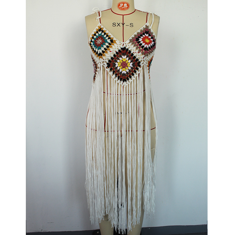 Sexy Hand Crocheting Tassel Mid Length Bohemian White Beach Dress in Dresses