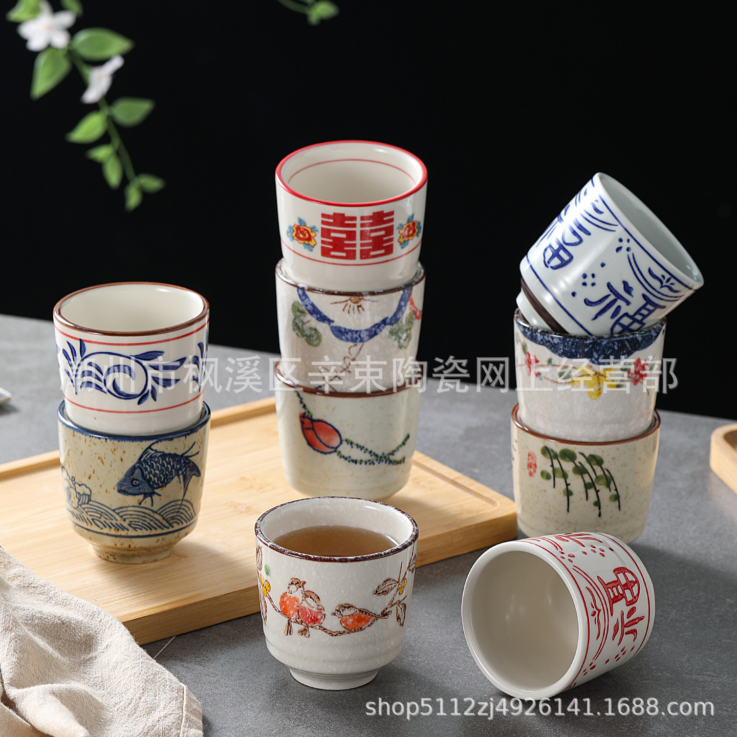 Commercial Ceramic Tea Cup Hand-Painted Kung Fu Tea Cup Tea Set New Chinese Style Hotel High Tea Cup Beverage Cup Water Cup