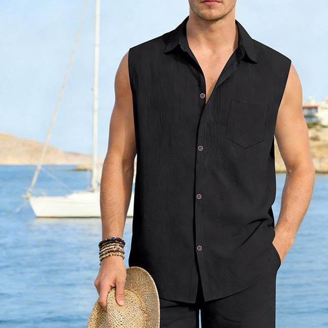 Camisa informal de manga corta para hombre, estilo europeo y americano, chaleco de lino sin mangas, ropa de vacaciones._voghion.com