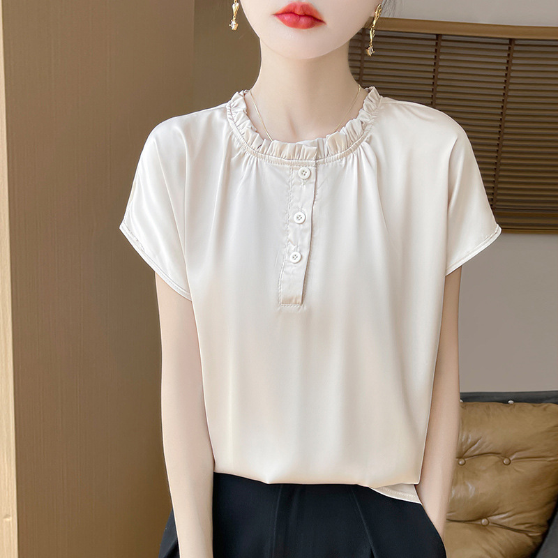 Ruffle Lace Faux Silk Short-Sleeve Women's French Satin Fashion Round Neck Shirt Top Summer Style Elegant Tank Top T-Shirt