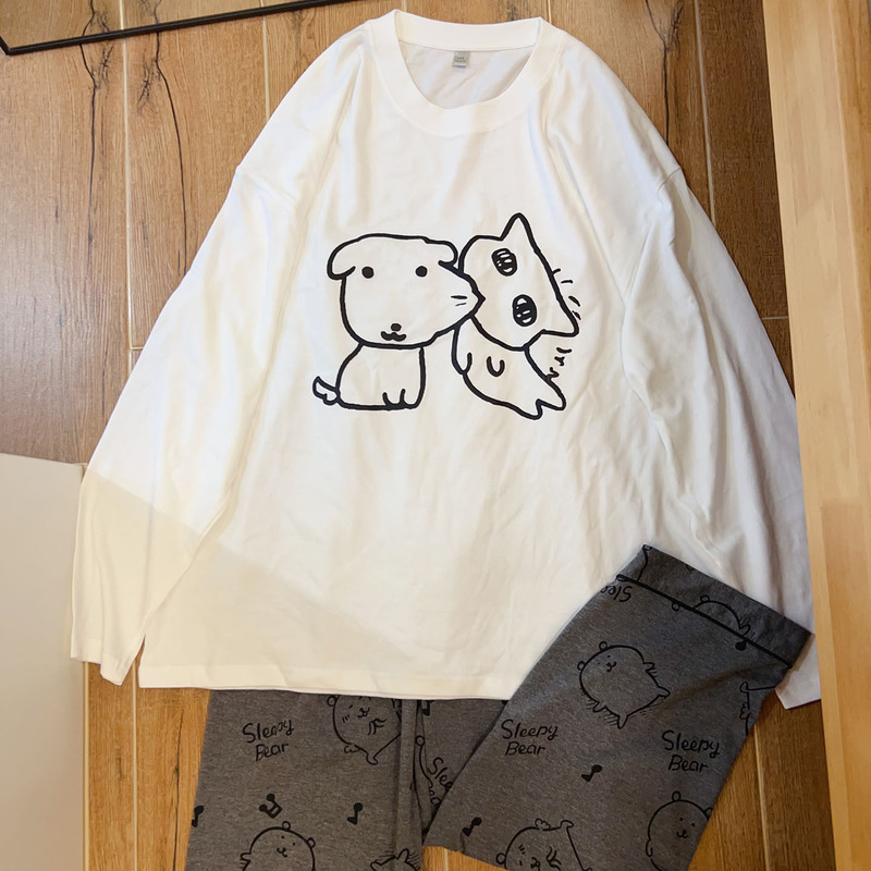 Ganadi Cute Puppy Long-Sleeved Pajamas Women's Spring and Autum Pants Pure Cotton Pullover Home Clothes for Teenagers and Students