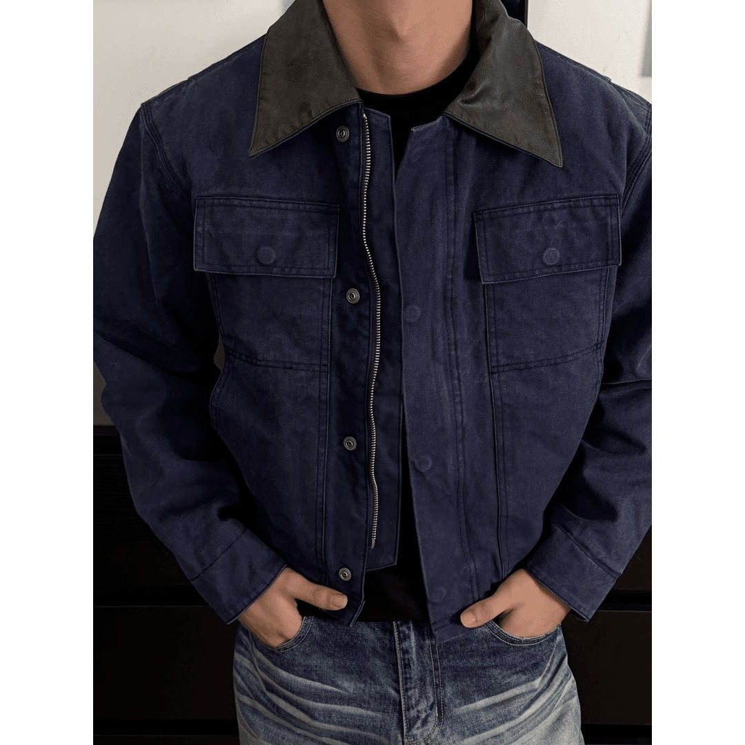 2026 Fall/Winter American Retro Detroit Short Wide Washed Distressed Multi-Pocket Patchwork Leather Collar Men's Jacket
