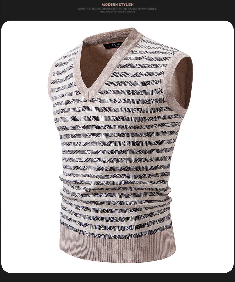 Vêtements pour hommes - Gilet en maille pour hommes - Pull d'hiver/automne ajusté à col en V sans manches - Cardigan décontracté à rayures jacquard pour jeunes_voghion.com