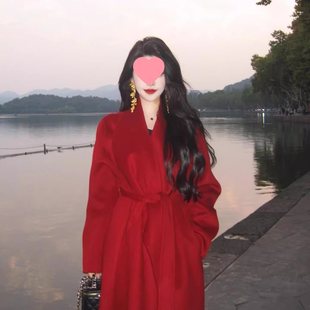 Korean Double-Sided Wool Red Outwear 2024 New Winter High-End Elegant Wedding Thickeneded Woolen Outwear for Women