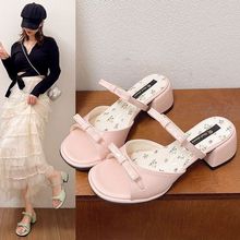 配风蝴蝶结凉拖新款高跟鞋法式绝美粉色拖鞋女夏季外穿裙子粗仙女