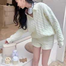 韩国chic宽松复古休闲polo领麻花针织毛衣女套头长袖上衣短裤套装