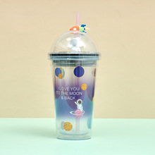 韩版彩虹泡泡吸管杯大容量可爱男女学生夏日冰杯双层塑料杯带闪灯