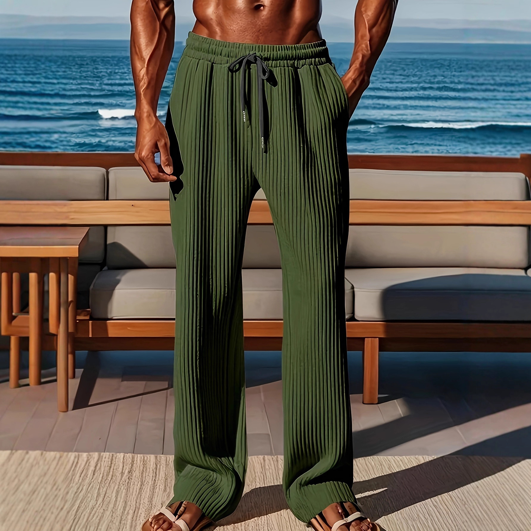 Men's Casual Straight Leg Pants With Elastic Waist - Street Style Comfort Stretch Pure Color Trousers For Daily Wear_viptrois.com