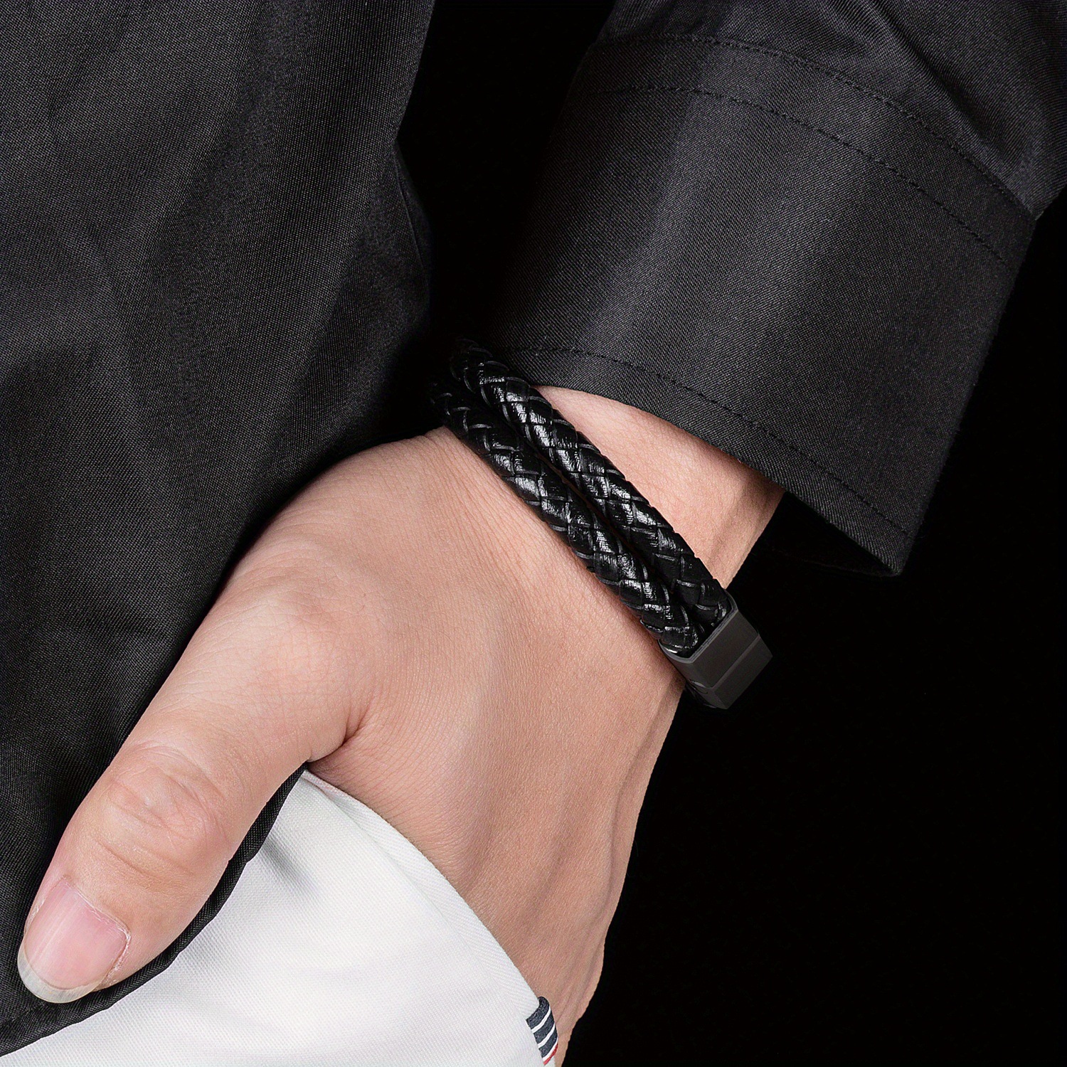 Cross-Border Popular Double-Layer High-Gloss Woven Black Leather Bracelet with Matte Clasp, Dark Style for Men, Suitable for Going Out and Dating, Stackable Wrist Accessory