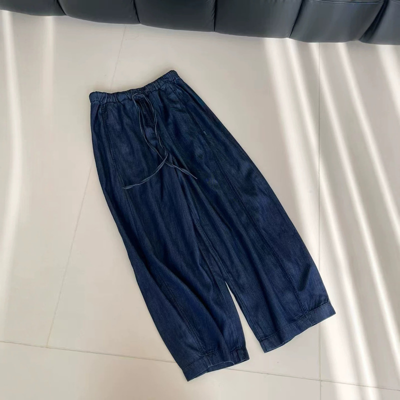【051102】Summer Japanese-Style Barrel-Shaped Cotton-Linen Wide-Leg Dark Blue Cropped Jeans