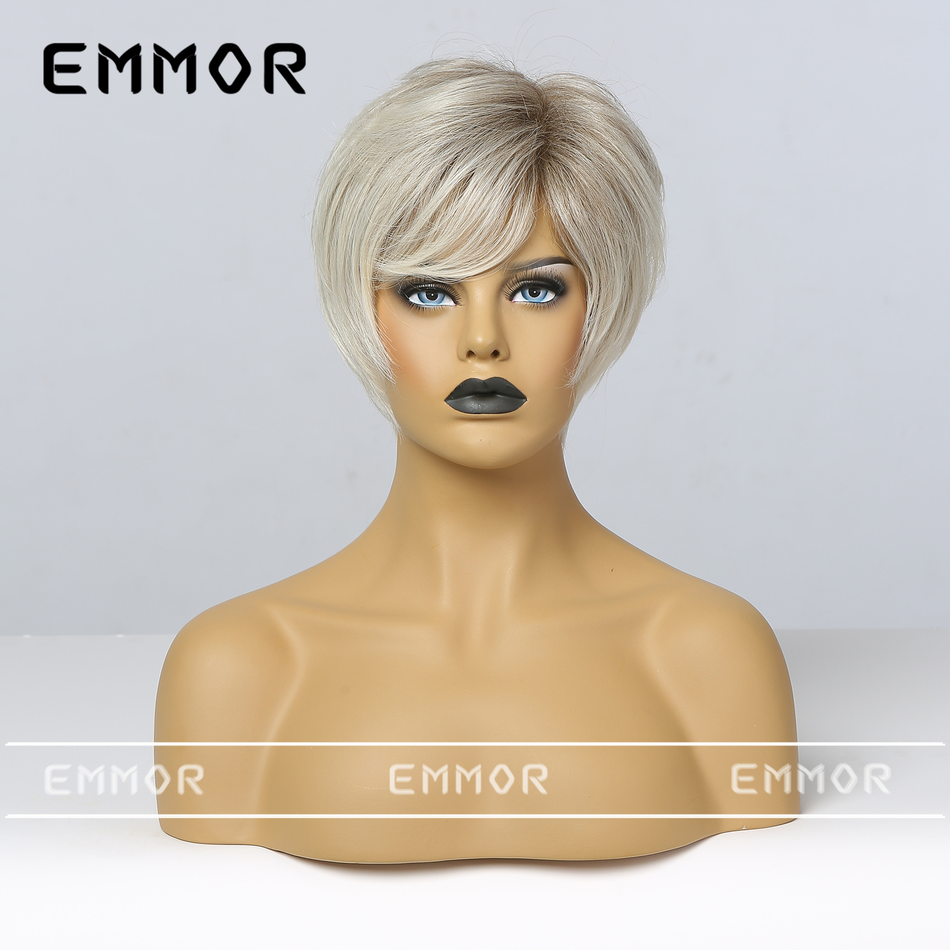 Emmor europeo y americano Amazon abuela Pelo Corto Peluca de las mujeres gradiente oro fibra química pelo flequillo micro volumen