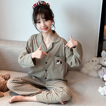 外贸批发儿童家居服春秋装中大女童休闲宽松条纹纯棉睡衣卡通套装