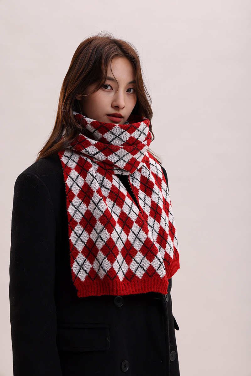 Sciarpa lavorata a maglia autunno inverno nuova con griglia a rombi, collo spesso e caldo, versatile per coppie, morbida_voghion.com