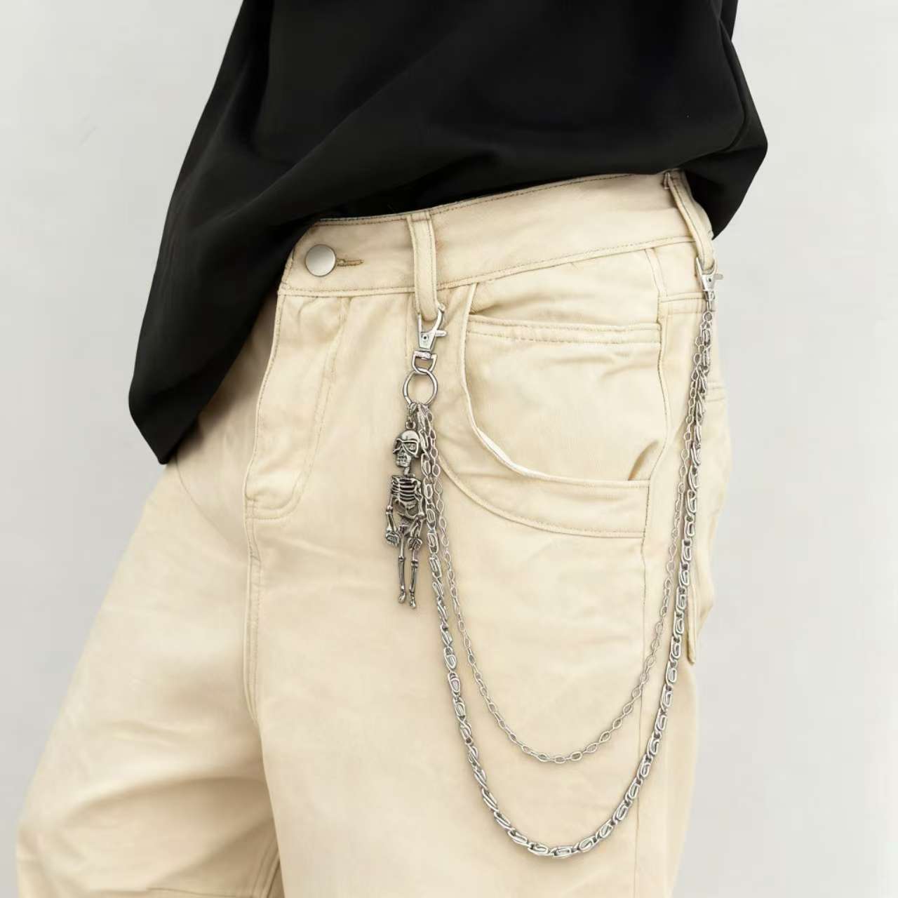 Herre taljekæde med kranium vedhæng dobbeltlags sort kæde_voghion.com