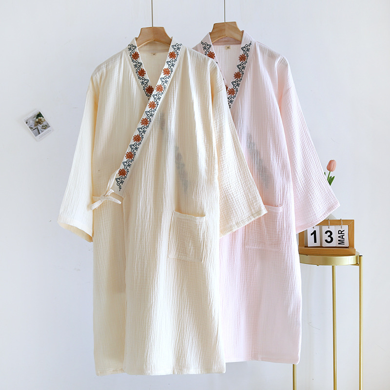 Spring and Summer Thin Nightgown Pure Cotton Bubble Gauze Antique Hanfu Kimono Simple Embroidered Women Bathrobe Bathrobe Pajamas