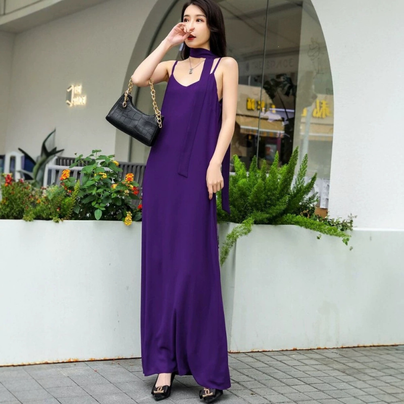 Long Dress for Women, Summer Spaghetti Strap Dress, Loose Chiffon, Tummy-Covering, Purple Extra-Long A-Line Dress, V-Neck, European and American Style, Black Dress Long Dress for Women, Summer Spaghetti Strap Dress, Loose Chiffon, Tummy-Covering, Purple Extra-Long A-Line Dress, V-Neck, European and American Style, Black Dress