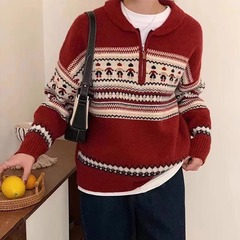 复古圣诞风撞色提花半拉链套头毛衣女2025新款秋冬宽松针织衫上衣