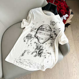现货D家2025春夏新款磨毛水墨热气球大象印花短袖休闲圆领T恤女