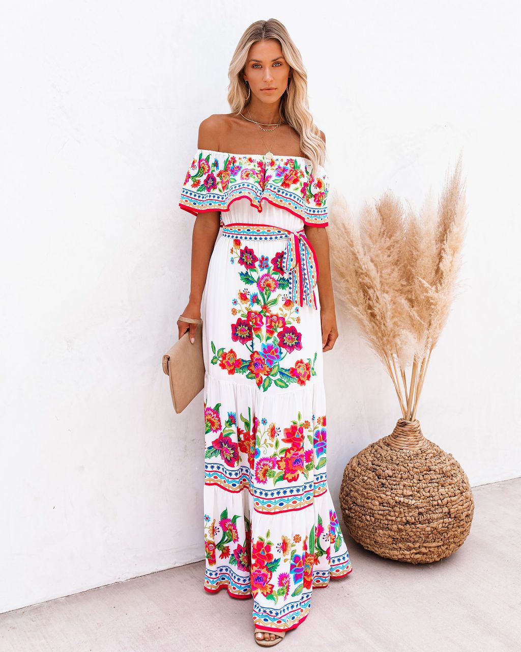 Women's Swing Dress Vintage Style Off Shoulder Printing Short Sleeve Flower Maxi Long Dress Daily Party display picture 1