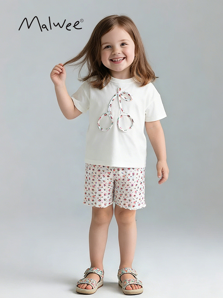 Trajes de niñas malwee transfronterizos de verano nuevos niños europeos y estadounidenses lindos camisetas de cuello redondo de dos piezas