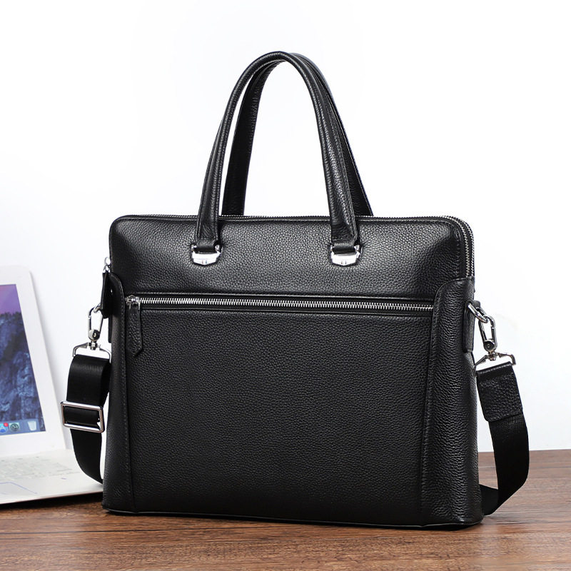 Cặp công sở mỏng da bò thật hai dây kéo, túi xách tay đeo chéo vai cho nam, đựng laptop 14 inch, 38,5×6×28 cm — Màu đen