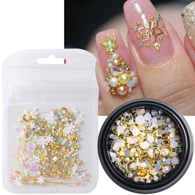 Nail art jewelry wholesale 2022 hot Christmas jewelry hollow metal nail jewelry pearl winter snowflake