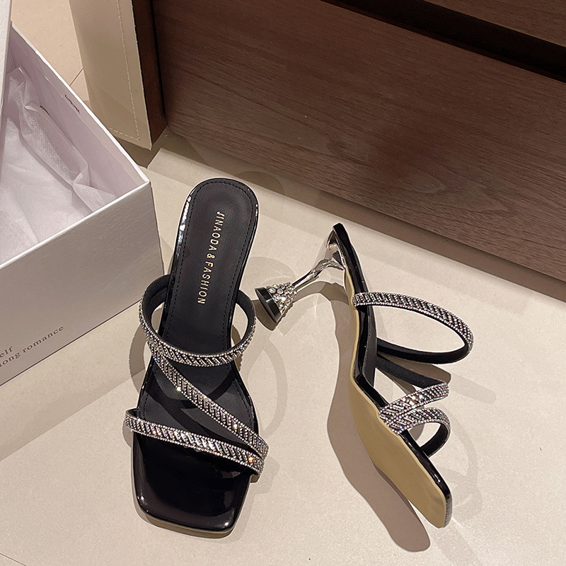 Women's Rhinestone One-strap High Heel Slippers For Summer_voghion.com