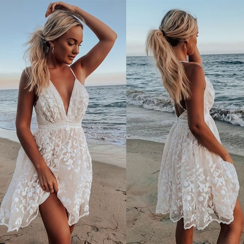 Cross-Border 2023 Summer New European and American Sexy Deep V Neck Backless Suspender Dress Amazon Lace Beach Dress