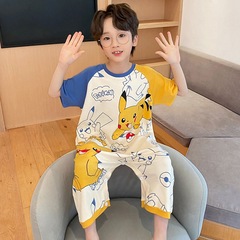 子供の連体パジャマ夏の男の子の純綿の薄いタイプのアニメの半袖の新型の中で大きい子供のエアコンは家庭服を蹴ることを防ぎます。