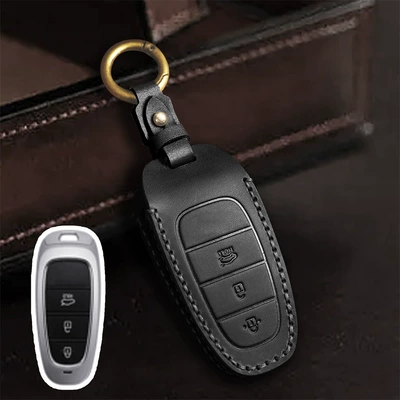 Car key case suitable for modern car key case STARIA/SONATA SONATA leather protective case buckle (Car key bag) - black-3-keys