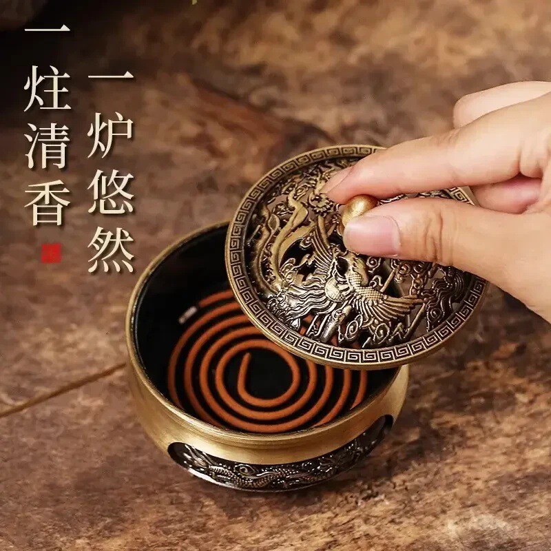 龙凤三足盘香炉香篆炉合金铜香炉家用龙凤香薰炉|undefined