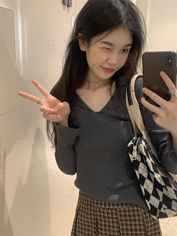 粉色长袖针织衫夏季设计感修身内搭打底衫女装polo领毛衣ins上衣|undefined