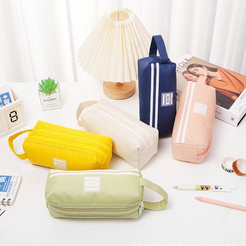 Estuche para lápices con doble cremallera Estuche para lápices de almacenamiento de papelería de gran capacidad Bolso de papelería de temporada escolar creativo Estuche para lápices de tela Oxford portátil