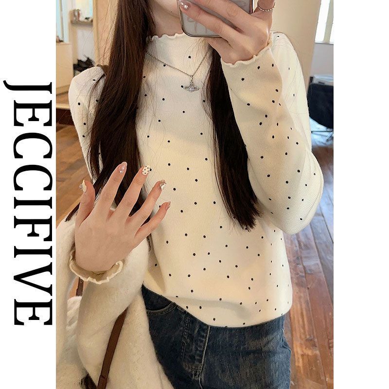 JECCIFIVE韩系港风木耳边半高领波点t恤女早秋内搭修身上衣打底衫