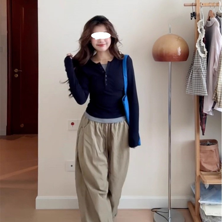 美式正肩假两件长袖t恤女早秋季2025新款修身内搭打底衫甜辣上衣|undefined