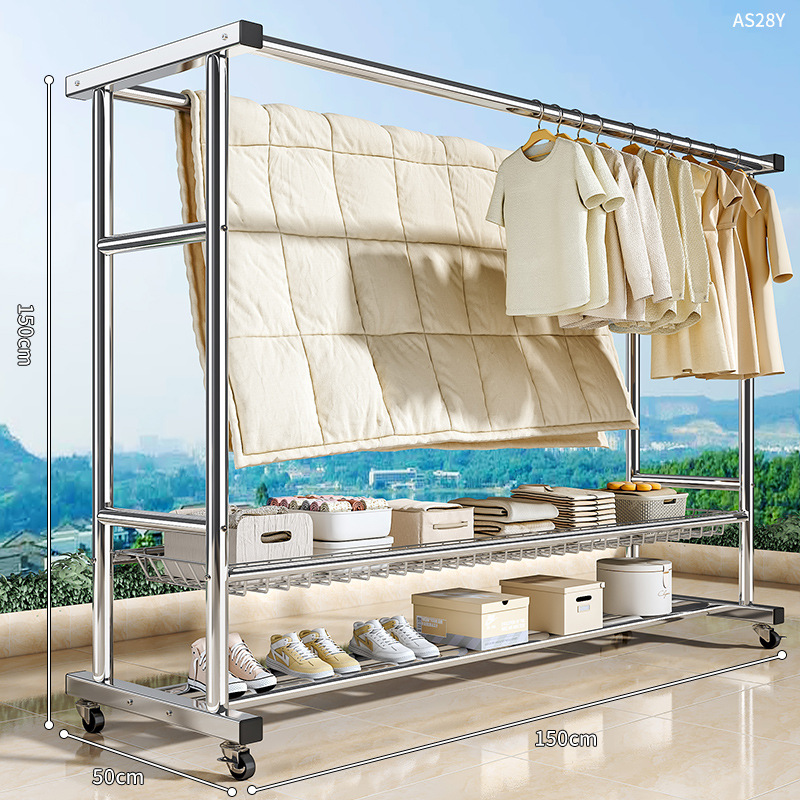 [매우 두꺼운 스테인레스 스틸] 150CM 이중 극 업그레이드 이중 레이어 스크린 프레임 + 범용 휠