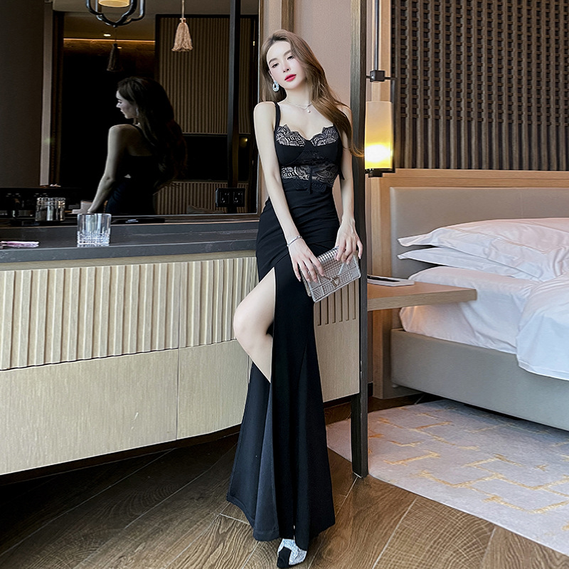 Sexy Deep V Split Lace Hollow Mop Dress Temperament Backless Slimming Evening Dress Annual Meeting Dress