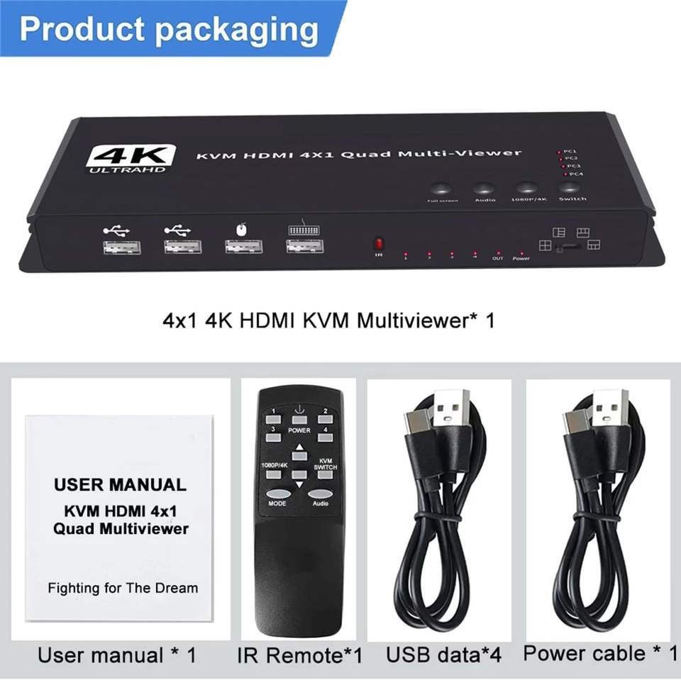 KVM HDMI 4X1&分割器 4K30HZ HDMI 1.4版 USB2.0 个端口