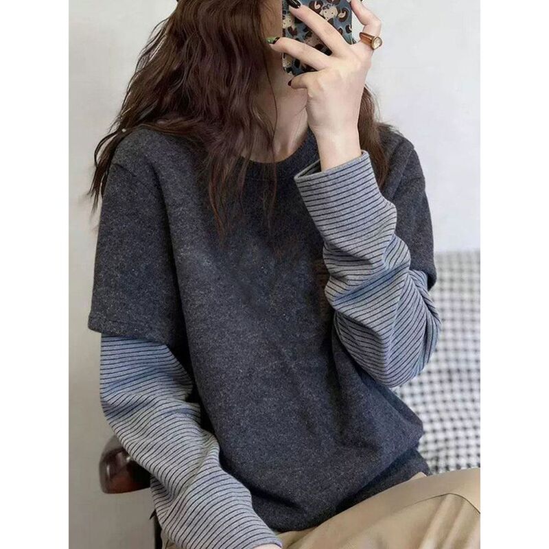 Korean-Style Autumn and Winter Layered Long-Sleeve T-Shirt for Women, Striped Patchwork Top, Versatile Thermal Base Shirt for Spring and Autumn Korean-Style Autumn and Winter Layered Long-Sleeve T-Shirt for Women, Striped Patchwork Top, Versatile Thermal Base Shirt for Spring and Autumn
