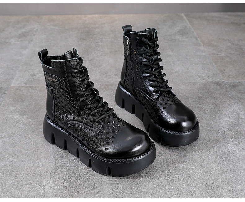Giày boot nữ cổ cao da bò thật đế bánh xốp dày — Màu nâu chi tiết 12