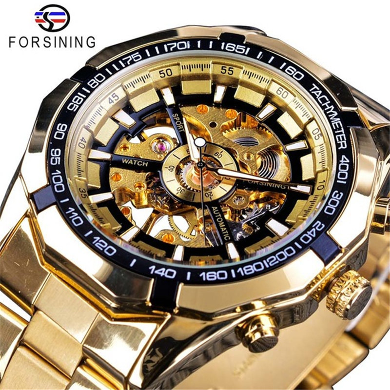 Forsining340 nueva casual correa de acero inoxidable movimiento mecánico hombres reloj personalidad negocios aguja luminosa