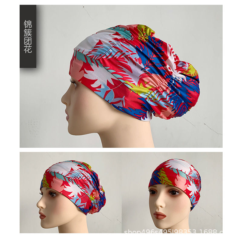 Fábrica al por mayor plisado paño gorro de natación extra grande circunferencia de la cabeza no apretado Pelo Largo oído protección natación caliente primavera unisex gorro de natación