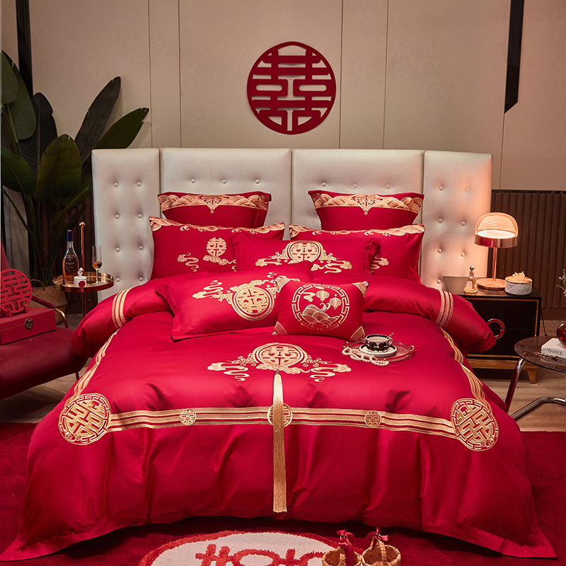 Juego de cuatro piezas de algodón puro para dote de novia, color rojo brillante, funda de edredón bordada totalmente de algodón, sábana de cama de boda, cubrecama, ropa de cama para todas las estaciones.