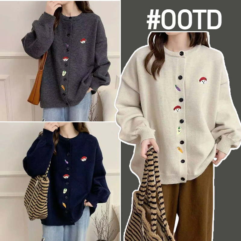 Real Shot of Thick Large-Panel Maternity Sweater Cardigan Jacket 2025 New Embroidered Cartoon Carrot Jacket Navy Blue